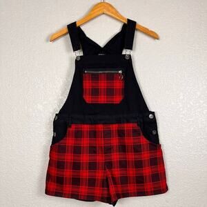 Hot‎ Topic Shortalls Womens Small Black Denim Red Tartan Plaid Y2K Romper Punk